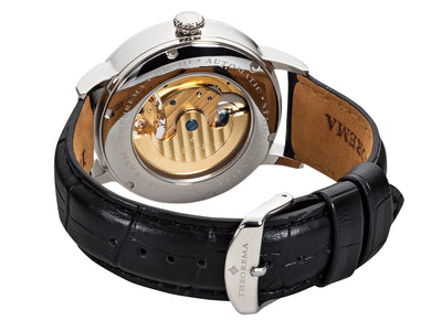 Full open case to see the gold color movement with rotor and standard buckle.