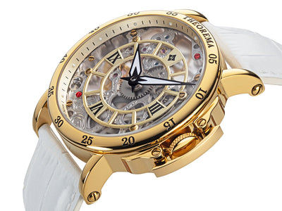 See through mechanical movement with gold crown button.