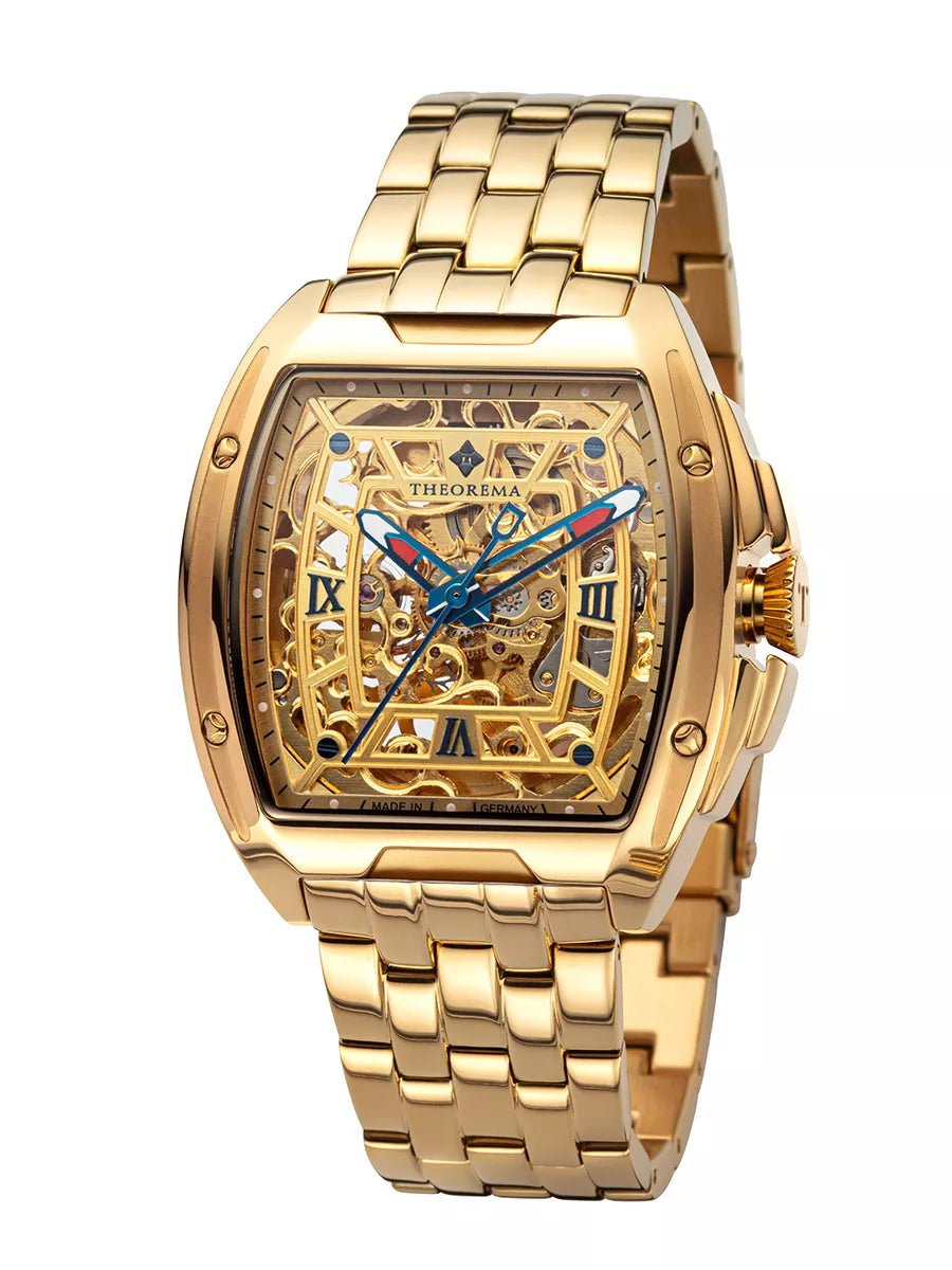 All gold color. Gold bracelet with gold case and gold dial with two-color  hands.