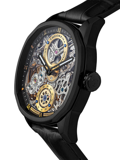 Black case with black crown and blach genuine leather band with silver skeleton dial. 