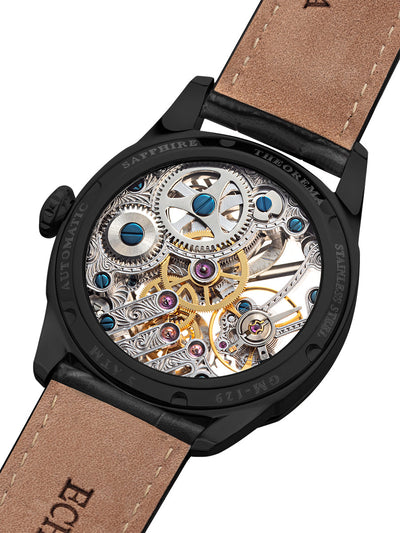 Open case back with sapphire glass which allows full vision of the mechanical movement.