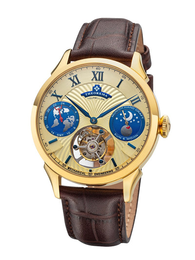 Roman numerals mixed with Arabic numerals with a GMT sub-dial on the left and a sun & moon phase sub-dial on the right.