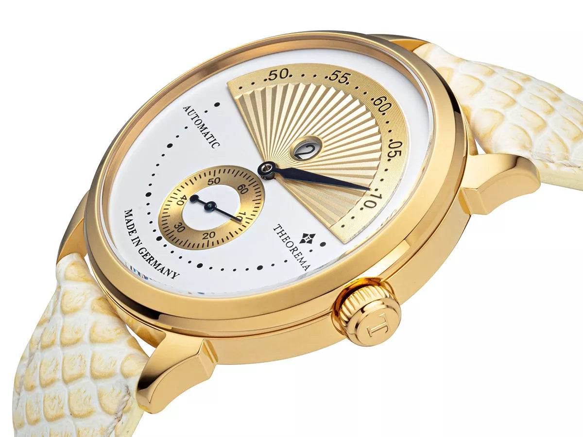 Arabic numerals watch with gold case and gold crown button.