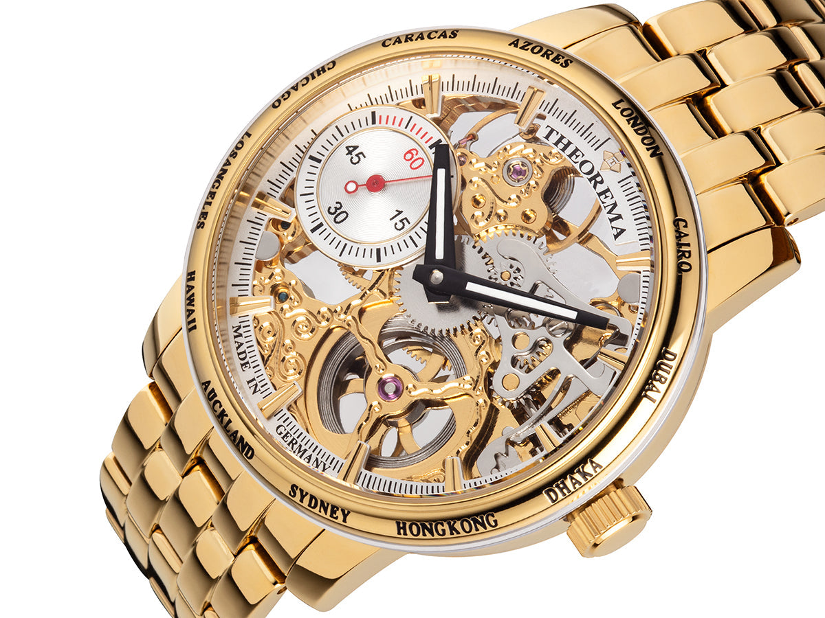 Gold skeletonized dial with a white sub-dial on the left side.